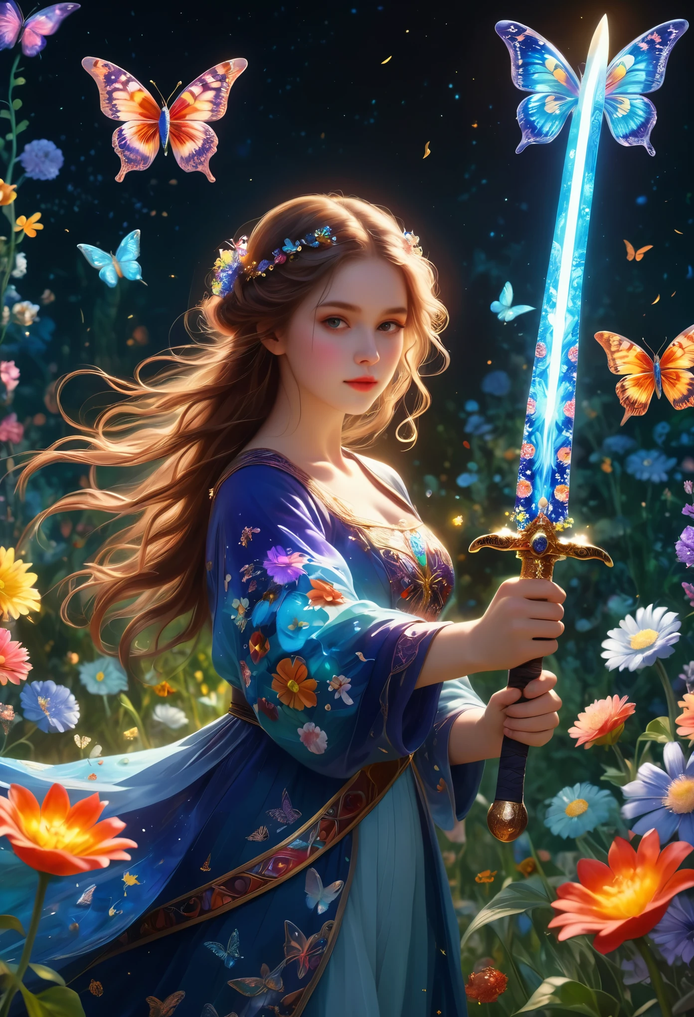 A girl in a garden, millefiori glass style, meteor, butterflies, sword, (best quality, 4k, highres, masterpiece:1.2), vibrant colors, detailed flowers, sparkling glass, mesmerizing patterns, delicate petals, glowing sword hilt, ethereal glow, intricate blade, swirling stars, enchanting atmosphere
