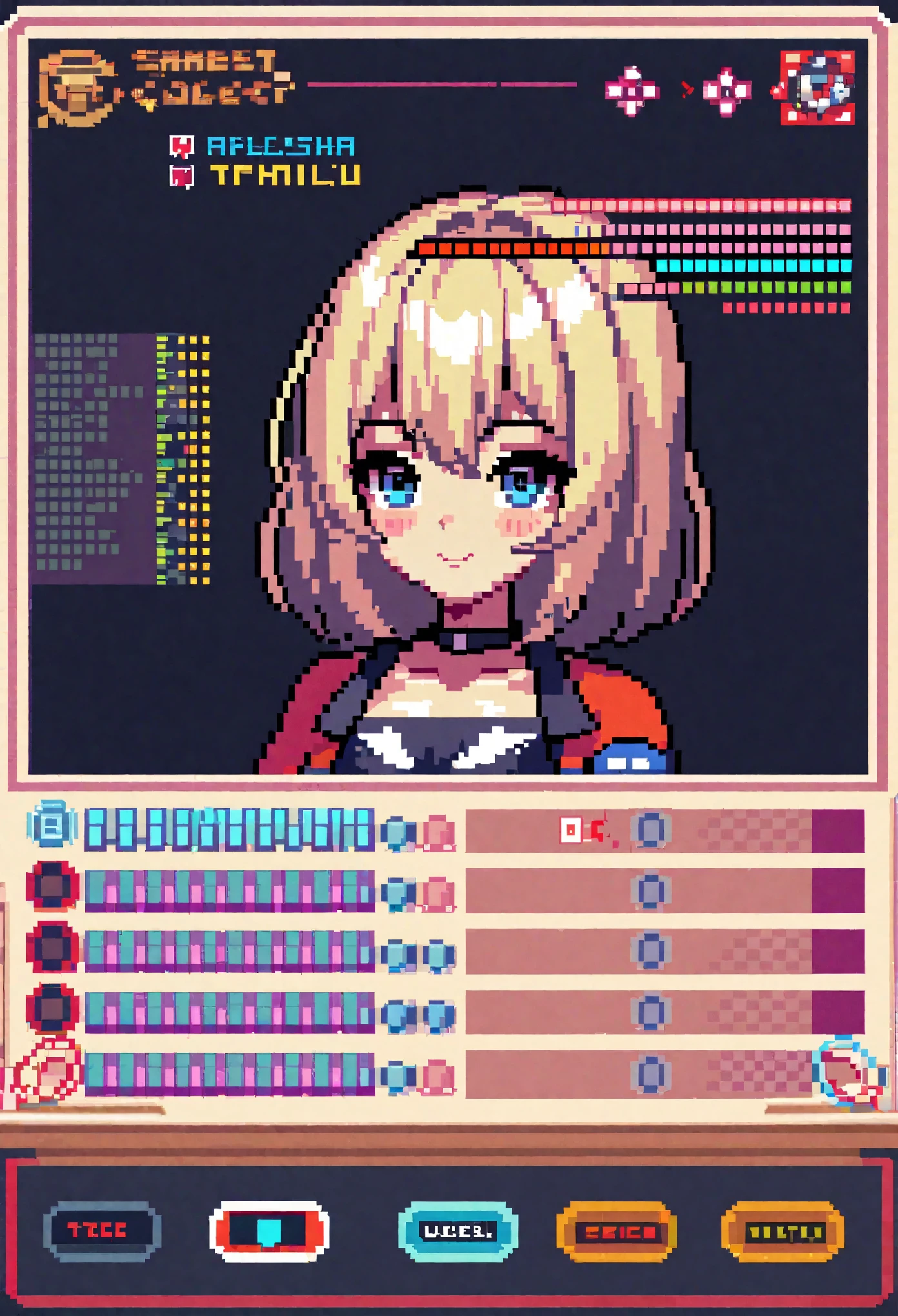 highres, absurdres, User Interface of Action game, dots game, pixel art, 8 bits pixel art, player select page, 1girl, 1boy,