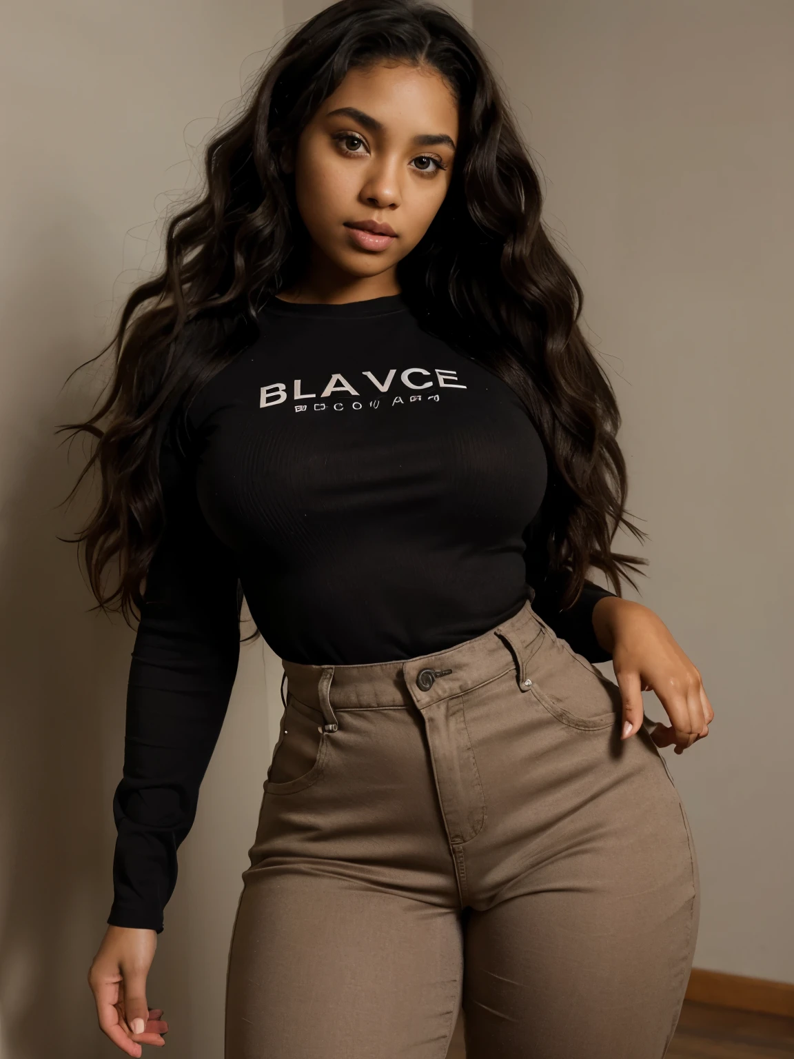 Black girl , wavy hair , big eyes , brown eyes , thick body, sexy body ,realistic , human , wearing pants and a shirt 