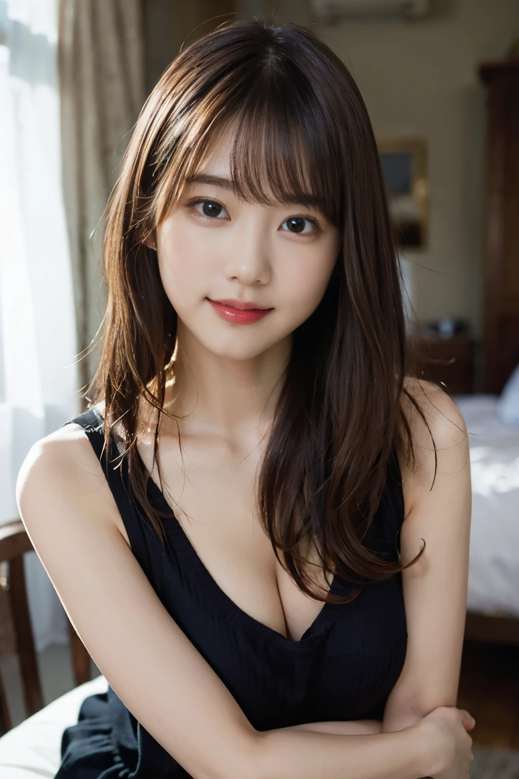 Tabletop, highest quality, figure, Very detailed, In detail, High resolution, 8k wallpaper, Perfect dynamic composition, Beautiful fine details, Medium Hair、sweat、morning、Bedroom、gravure、Lying on your back、Natural color lip, Bold sexy pose,smile,20-year-old girl、cute、sexy shot looking at camera、