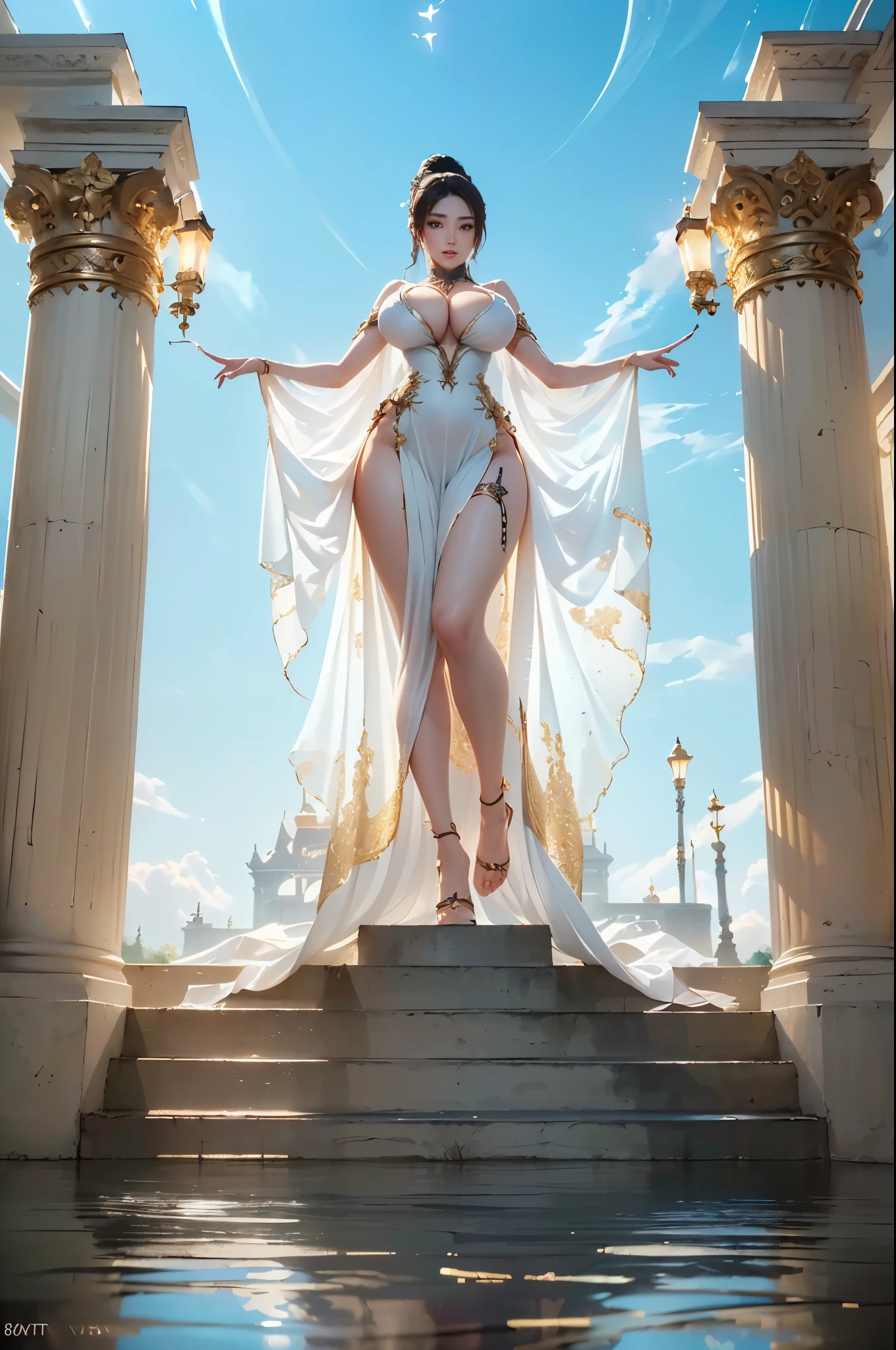 There is a statue of a woman standing in a building, goddess. extremely high detail, Unreal Engine Rendering，((8k+Ultra-high resolution+Ultra-high definition+masterpiece+Very detailed+Awards+The award-winning)),(Perfect face+Supermodel+Delicate skin+High Ponytail+Huge breasts+Perfect hands+Beautiful hands+Perfect hands指+Beautiful hands指+Perfect legs+Perfect feet),[[[muscle]]],(((Anatomically correct))) ，The picture is extremely sharp，The details are meticulous，High-quality；Clever light handling，Create a dramatic atmosphere；Brushstroke Master，Impeccable professionalism，A haunting work of art。