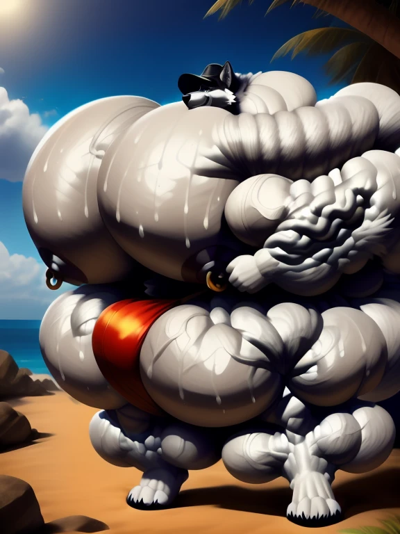 4k, high resolution, best quality, perfect lightning, perfect, solo, anthro, young, boy,white wolf:2.0, furry body, (fluffy mane:1.2), fluffy tail, male, adult, (bulky2:0, thick muscles2:0, huge muscles:2.0, hyper muscles:2.0), (thick biceps, veiny biceps, big broad veiny pecs:2.0, broad shoulders:2.0), (thick legs, thick calves:1.1), (digitigrade legs, 4 toes:1.2), perfect colors, (photorealistic fur, detailed fur, epic, masterpiece), (suggestive posing:1.2), (seductive smile, lustful grin 1.3), detailed beach:2.0,detailed wolf eyes:2.0, by k0suna, by darkgem,nipple ring,big pecs:2.0,hyper arms:2.0,veins,white body,white fur,hyper butt:2.0,hyper paws:2.0,standing,thick legs,thick butts:2.0,sweat body:2.0,massive butt:2.0,black hat,hyper ass:2.0,huge ass:2.0,presenting butt:1.2,long legs,juicy butt:2.0,hyper ass,black fundoshi