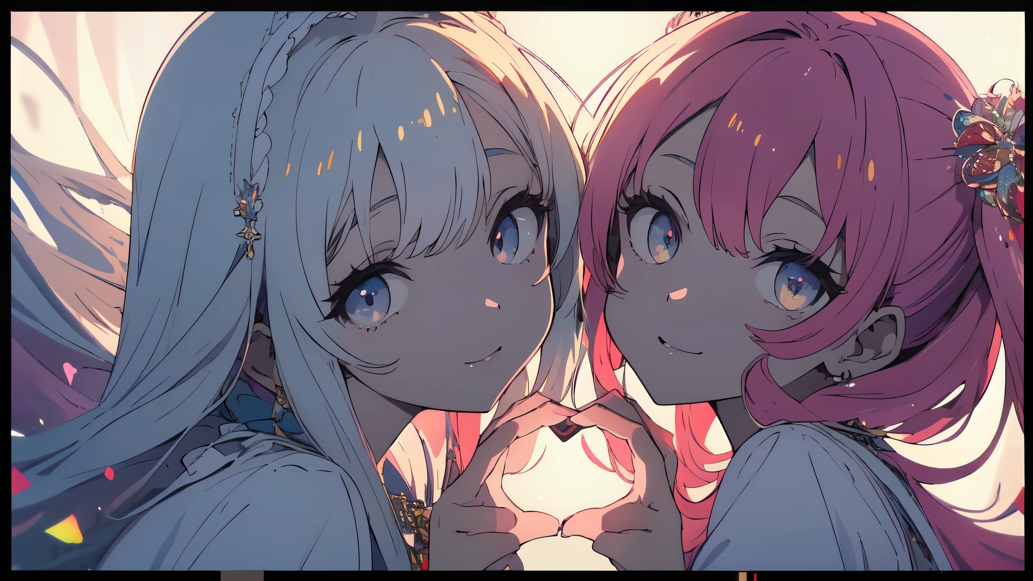 ((Obra maestra)), ((of the highest quality)), ((high resolution)), ((Muy detallado、 fondo de pantalla 8k)), chica、(ojos brillantes)、vestido ta、La mejor sonrisa、Make a heart with both hands.、ramo、hermoso anime
