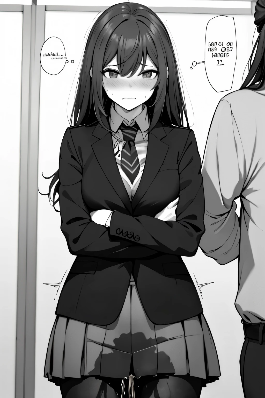 A woman with long black hair, wearing a business outfit consisting of a suit, pencil skirt, and pantyhose, stands in a monochrome setting. The artwork is inspired by manga and incorporates a doujin style. The woman appears to be (wetting herself:1.5), which causes her to feel embarrassed and humiliated, resulting in a blush on her face. In addition, there is an air of anger in her expression. The lighting in the scene is moody, with a spotlight highlighting the woman's figure. She is crossing her arms, (arms crossed:1.5), fully showcasing her skirt., medium breasts