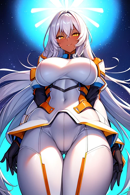 1girl, dark skin, dark-skinned female, white hair, long hair, yellow eyes, large breasts, breasts, thick thighs, wide hips, mature female, milf, tall, tall female, toned, toned female, smile, futurustic, science-fiction, machinery, tech, white clothes, white bodysuit, bodysuit, neon trim, neon, neon lights, from below
