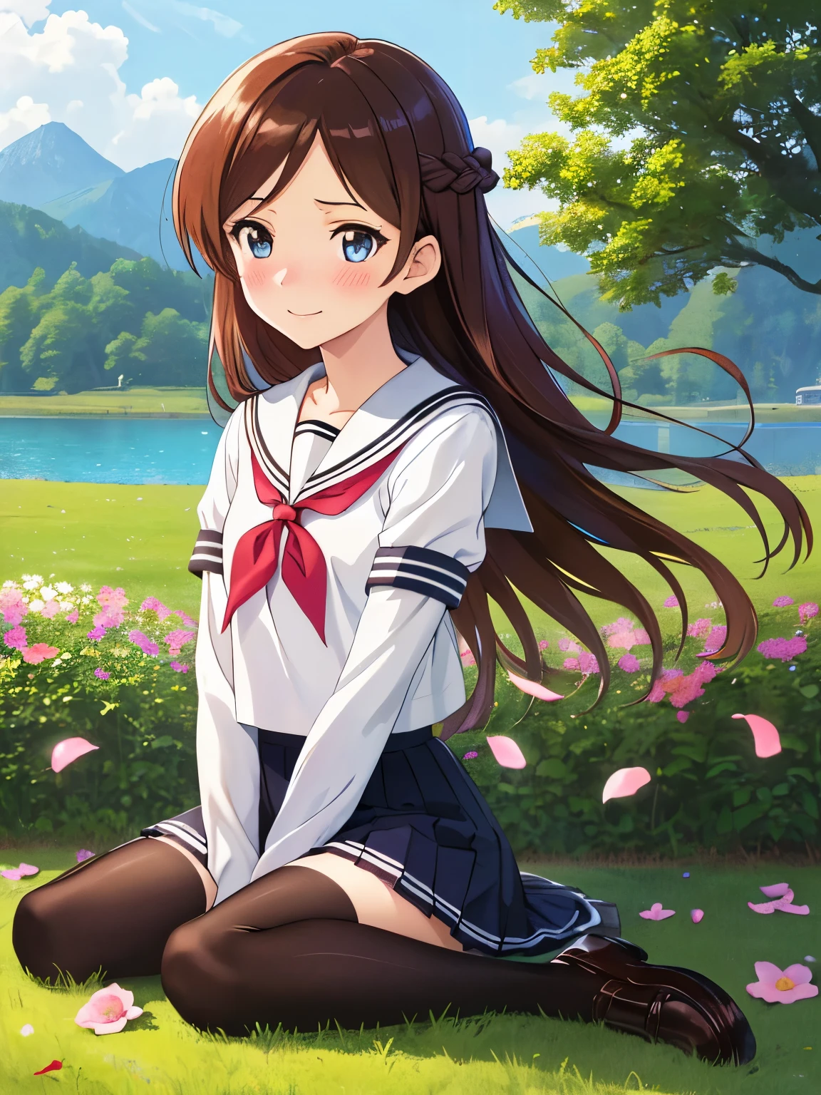 highest quality,High resolution、anime illustration style, chizuru ichinose, one girl、closed mouth、smile、beautiful flower々Park with blooming flowers、A cute girl no matter who you look at、put your hands on your hips、absolute reference to center、smooth hair、closed mouth、brown hair、brown eyeedium hair, serafuku,cute sailorunform, (masutepiece, Best Quality:1.2), 8K, 85 mm, Official art, Raw photo, absurderes, A dark-haired, (Blue eyes, ta Fashion, sweetlolita, Gothic, Dress:1.2), Idol face, Upper body, Beautiful Girl, gardeniass, Copenhagen, Short sleeve, Elegance, Sophisticated, gardenia, Film grain, chromatic abberation, Sharp Focus, face lights, Dynamic lighting, Cinematic lighting,(( red blush、embarassed expression, Look away、Looking down in embarrassment:1.2))、(((tucking up the skirt、Pink panties are visible、Sujiman、slit)))、NSFW、A Certain Science Super Electromagnetic Cannon, stripe panties, vivid background, smiling at you, pleated skirt, mansuji, adorable girl, natural lights, (Realistic),(Photorealistic),Takagi_San, 1girl in, Long hair,((White School Shirt)), Brown hair, Part bangs, Brown eyes, white serafuku, Sailor collar, red neckerchief, Short skirt, Long sleeves, Forehead, Black socks, brown shoes, Smile, Looking at Viewer,(Sitting), masutepiece,Full body, Best Quality, (Colorful),volumatic light, Ray tracing,the Extremely Detailed CG Unity 8K Wallpapers,Smile,((flying petal)),(Flowery meadow), Sunny,Sunshine, light, Fantasy, Windy, magic sparks, Trees, lake, mountainscape, ((Flowers)),field,