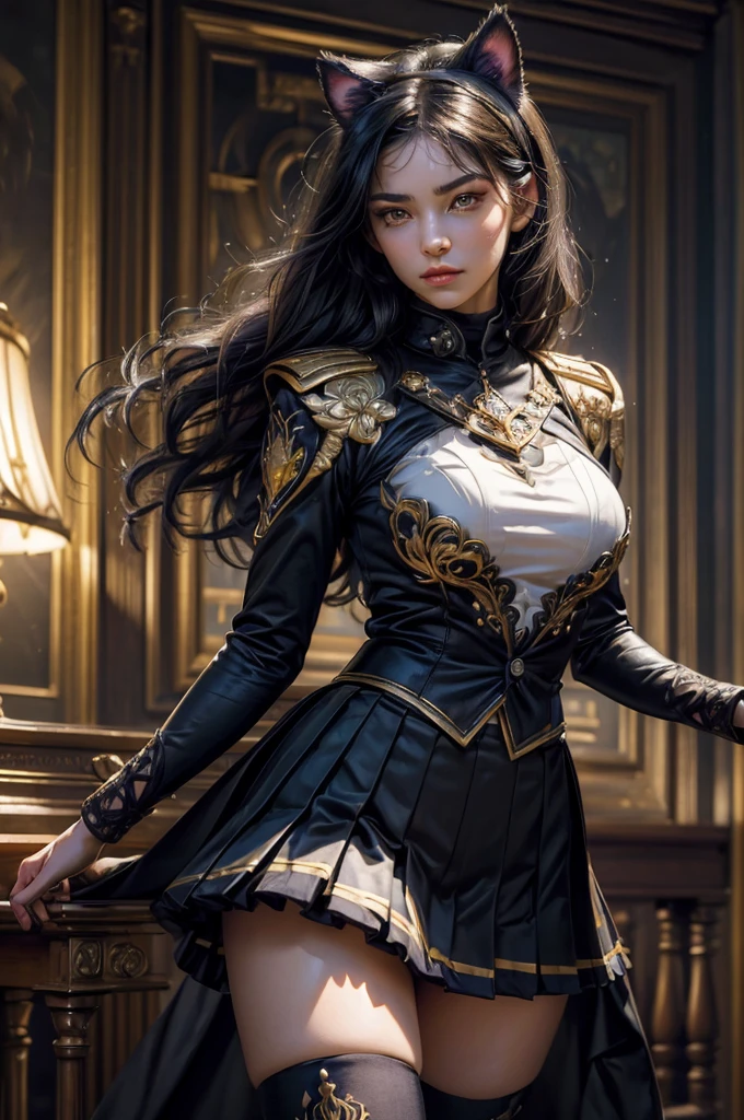 (masterpiece,stunning girlfriend, (standing:1.1), dynamic pose, heart shaped face, elegant face, beautiful face, highly detailed face, highly detailed skin, skin pores, subsurface scattering, realistic pupils, looking at viewer, full lips, detailed background, depth of field, atmospheric perspective, volumetric lighting, sharp focus, absurdres, realistic proportions, good anatomy, (realistic, hyperrealistic:1.4), 16k hdr, (masterpiece, best quality),  intricate details, 1girl,   blake_belladonna, gmuniform, pleated skirt, blue thighhighs,  black and gold uniform, library