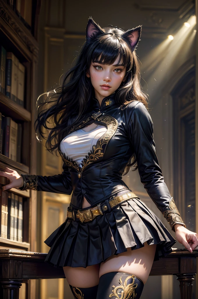 (masterpiece,stunning girlfriend, (standing:1.1), dynamic pose, heart shaped face, elegant face, beautiful face, highly detailed face, highly detailed skin, skin pores, subsurface scattering, realistic pupils, looking at viewer, full lips, detailed background, depth of field, atmospheric perspective, volumetric lighting, sharp focus, absurdres, realistic proportions, good anatomy, (realistic, hyperrealistic:1.4), 16k hdr, (masterpiece, best quality), intricate details, 1girl, blake_belladonna, gmuniform, pleated skirt, blue thighhighs, black and gold uniform, library