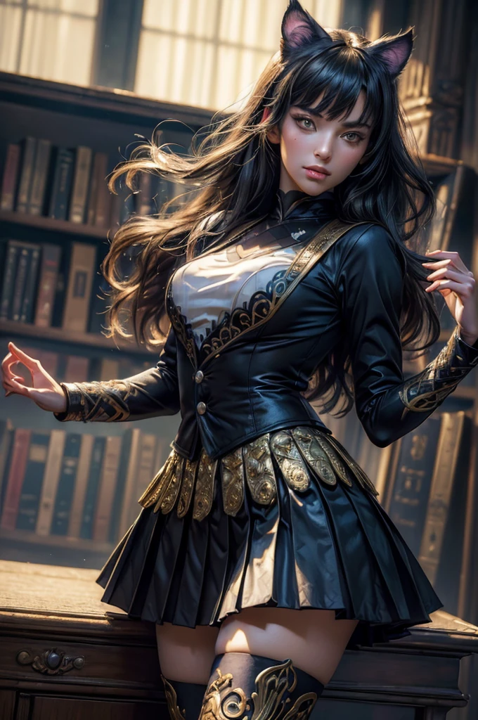 (masterpiece,stunning girlfriend, (standing:1.1), dynamic pose, heart shaped face, elegant face, beautiful face, highly detailed face, highly detailed skin, skin pores, subsurface scattering, realistic pupils, looking at viewer, full lips, detailed background, depth of field, atmospheric perspective, volumetric lighting, sharp focus, absurdres, realistic proportions, good anatomy, (realistic, hyperrealistic:1.4), 16k hdr, (masterpiece, best quality), intricate details, 1girl, blake_belladonna, gmuniform, pleated skirt, blue thighhighs, black and gold uniform, library