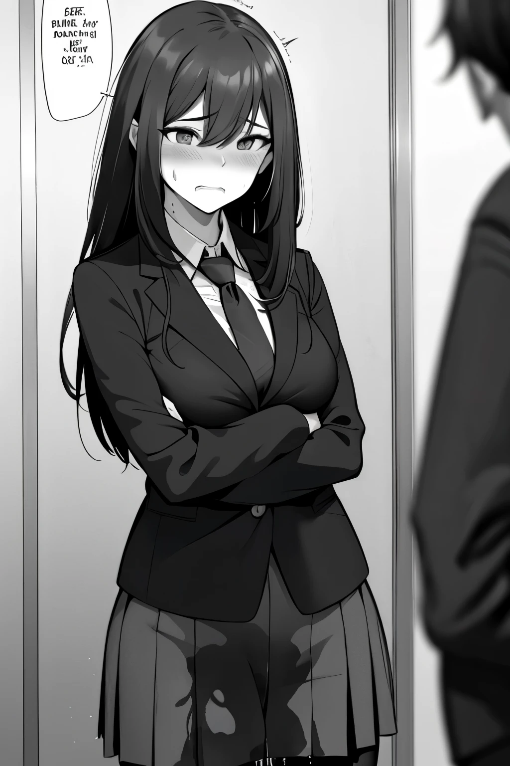A woman with long black hair, wearing a business outfit consisting of a suit, pencil skirt, and pantyhose, stands in a monochrome setting. The artwork is inspired by manga and incorporates a doujin style. The woman appears to be (wetting herself:1.5), which causes her to feel embarrassed and humiliated, resulting in a blush on her face. In addition, there is an air of anger in her expression. The lighting in the scene is moody, with a spotlight highlighting the woman's figure. She is crossing her arms, (arms crossed:1.5), fully showcasing her skirt., medium breasts