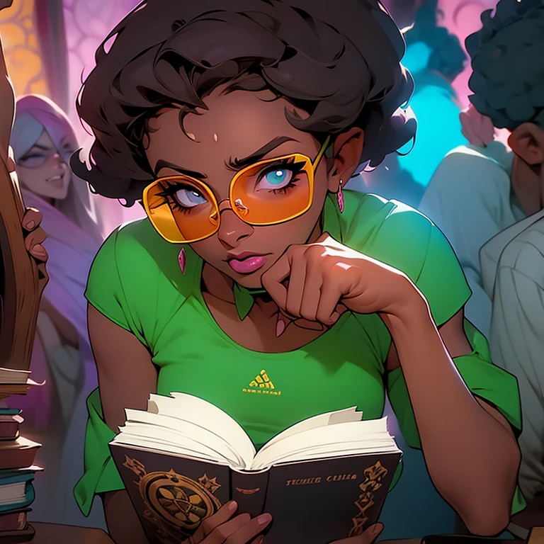 Gorata nerd linda atletica negra afro, lendo um livro de terror brilhante com tentaculos saindo do livro, paginas do livro em neon, rosto assustada, labios carnudos, olhos castanhos claros