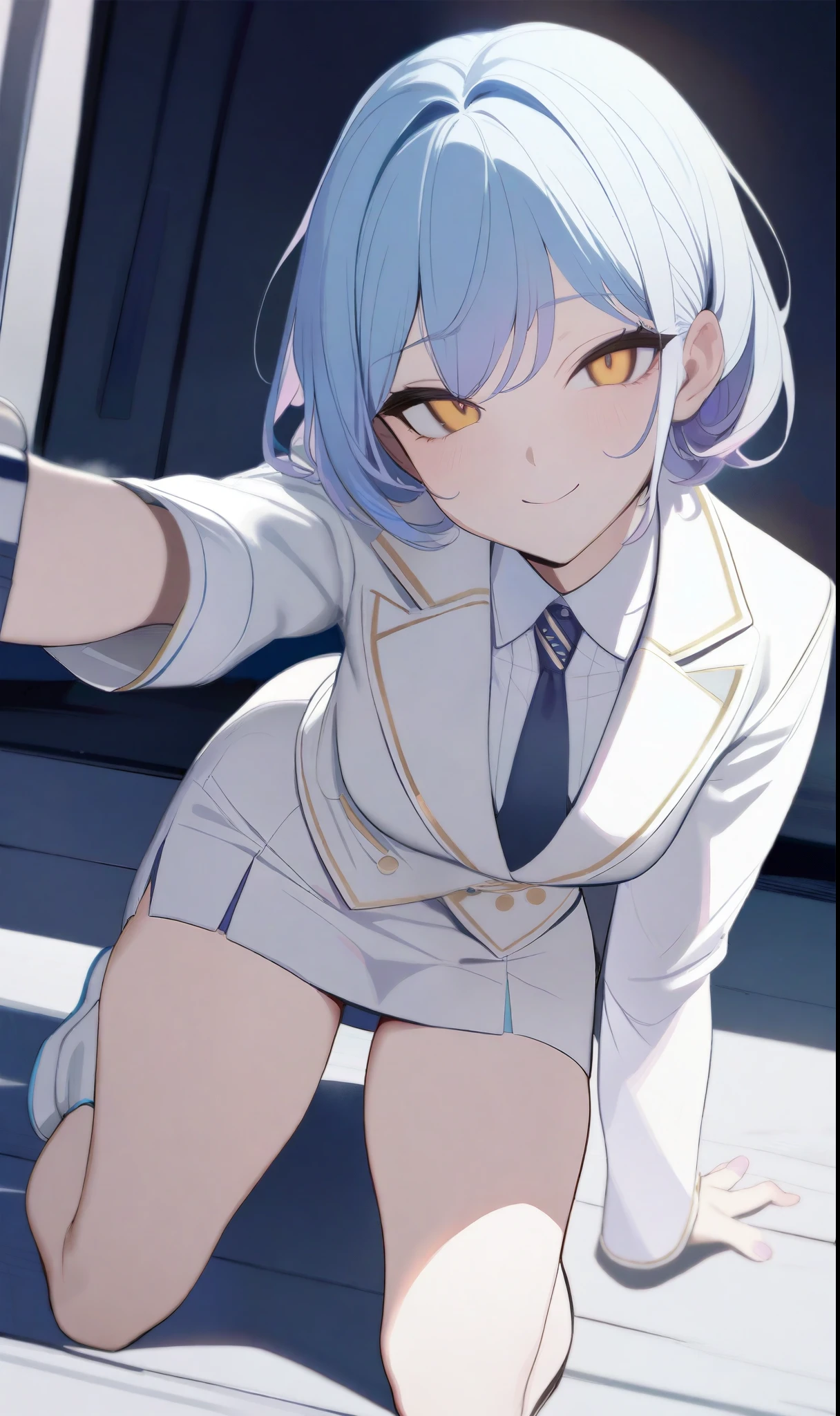 1 girl, short sky blue hair, have bang, golden yellow eyes, pink cheeks, looking at viewer, White suit, white skirt, navy tie, white shoes, (masterpiece, best quality, beautiful detailed eyes, detailed face), full body, soft smile