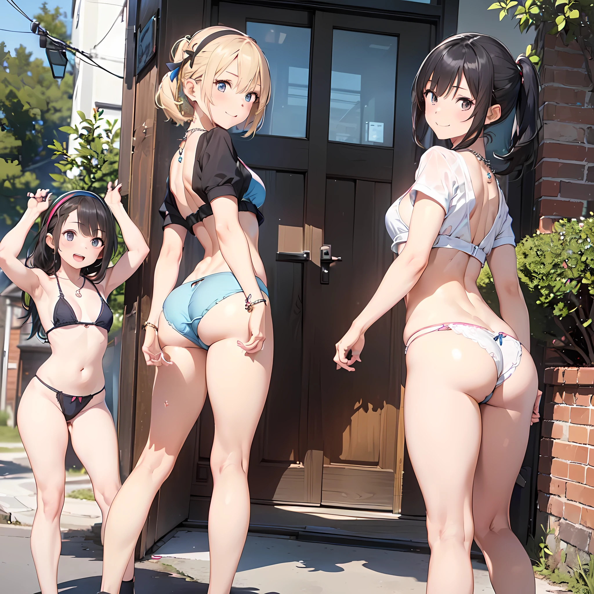 (three girls are sticking out their big butt boldly:1.5), (big butt:1.5), Laughing with your mouth open, (slender), hair band, Headband, hair bobbles, brown hair, blond hair, navel, jewelry, looking at viewer, necklace, long hair, short hair, Abdominal muscles, panties,Thin T-back