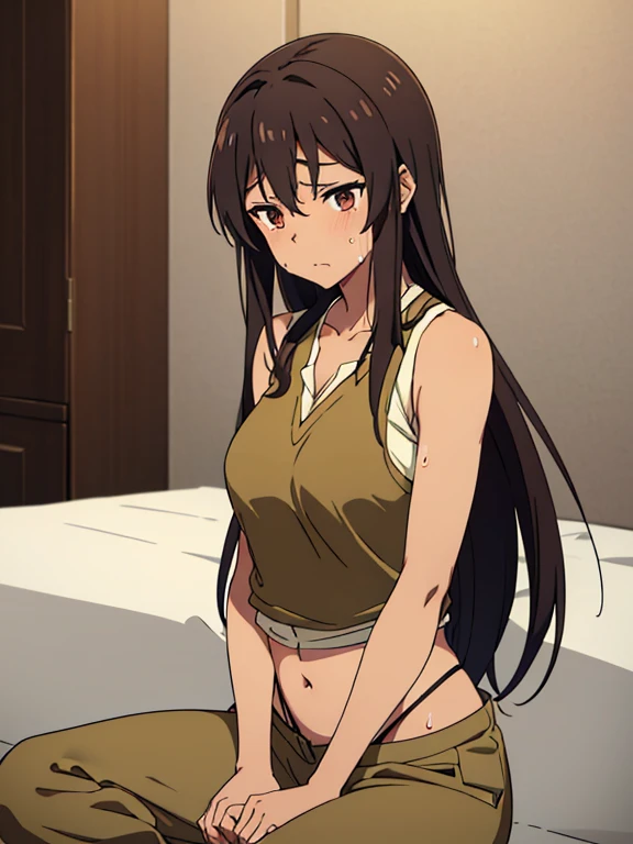 (masterpiece, high quality) brown skin anime girl in a lowcut tank top v neck, (vest), (trousers), famished in hunger, (gently resting hands on stomach), (sweating), (long hair), (hands on her stomach)