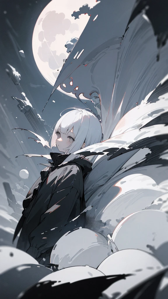 (masterpiece、highest quality)、Short nape hair、1 girl with very short white hair、Black cardigan、Grim expression、Grey Eyes、Warm lighting、 Blurred foreground、Deep in the night、High Contrast、night,Heavy snowfall,winter,full moon,Destroyed world
