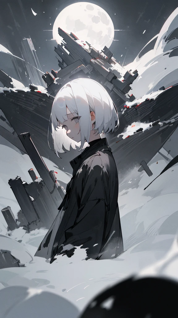 (masterpiece、highest quality)、Short nape hair、1 girl with very short white hair、Black cardigan、Grim expression、Grey Eyes、Warm lighting、 Blurred foreground、Deep in the night、High Contrast、night,Heavy snowfall,winter,full moon,Destroyed world