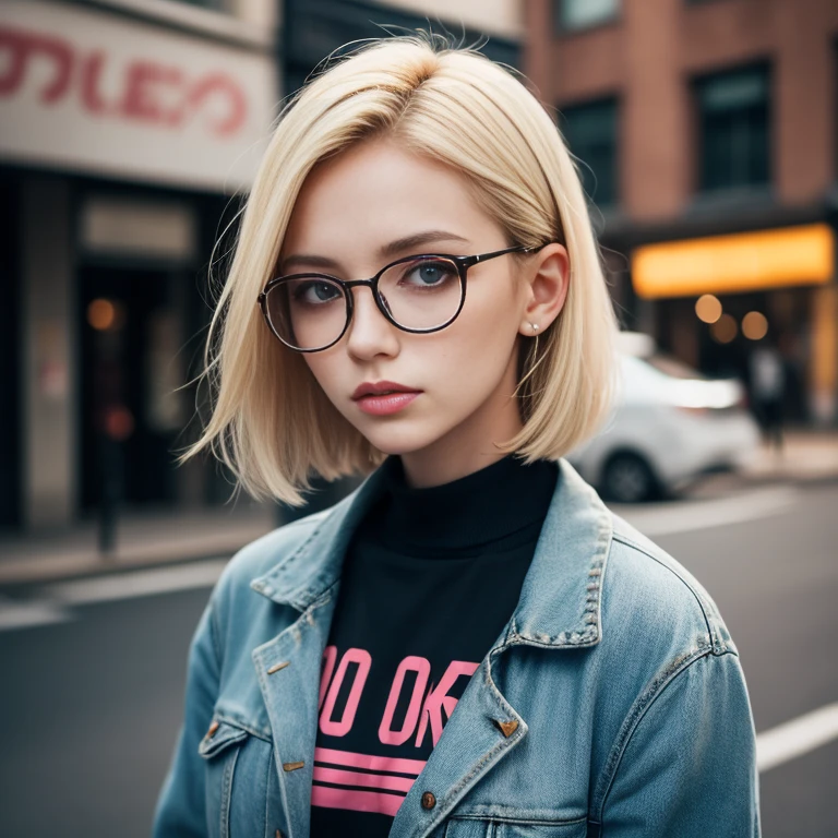 very beautiful girl,perfect,blonde,freckles on the face,Short tousled hair,Stylish glasses,skinny,street punk,realistically,professional photo,Neon