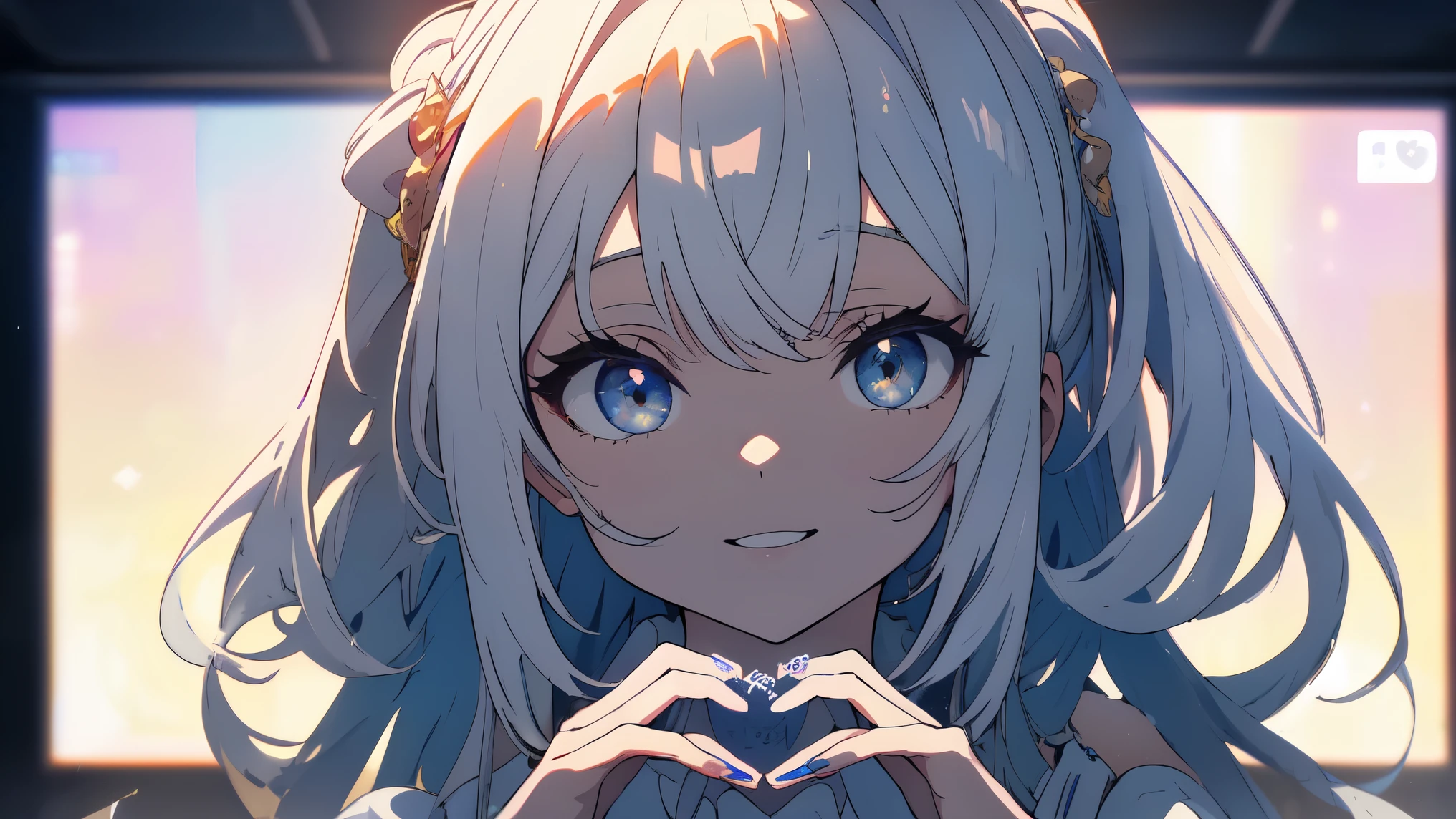 ((Obra maestra)), ((of the highest quality)), ((high resolution)), ((Muy detallado、 fondo de pantalla 8k)), chica、(ojos brillantes)、vestido lolita、La mejor sonrisa、Make a heart with both hands.、ramo、hermoso anime