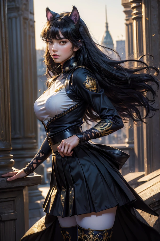 (masterpiece,stunning girlfriend, (standing:1.1), dynamic pose, heart shaped face, elegant face, beautiful face, highly detailed face, highly detailed skin, skin pores, subsurface scattering, realistic pupils, looking at viewer, full lips, detailed background, depth of field, atmospheric perspective, volumetric lighting, sharp focus, absurdres, realistic proportions, good anatomy, (realistic, hyperrealistic:1.4), 16k hdr, (masterpiece, best quality), intricate details, 1girl, blake_belladonna, gmuniform, pleated skirt, blue thighhighs, black and gold uniform, library