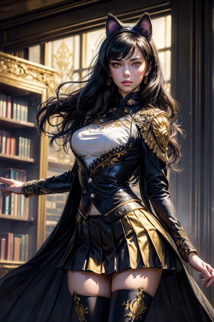 (masterpiece,stunning girlfriend, (standing:1.1), dynamic pose, heart shaped face, elegant face, beautiful face, highly detailed face, highly detailed skin, skin pores, subsurface scattering, realistic pupils, looking at viewer, full lips, detailed background, depth of field, atmospheric perspective, volumetric lighting, sharp focus, absurdres, realistic proportions, good anatomy, (realistic, hyperrealistic:1.4), 16k hdr, (masterpiece, best quality), intricate details, 1girl, blake_belladonna, gmuniform, pleated skirt, blue thighhighs, black and gold uniform, library