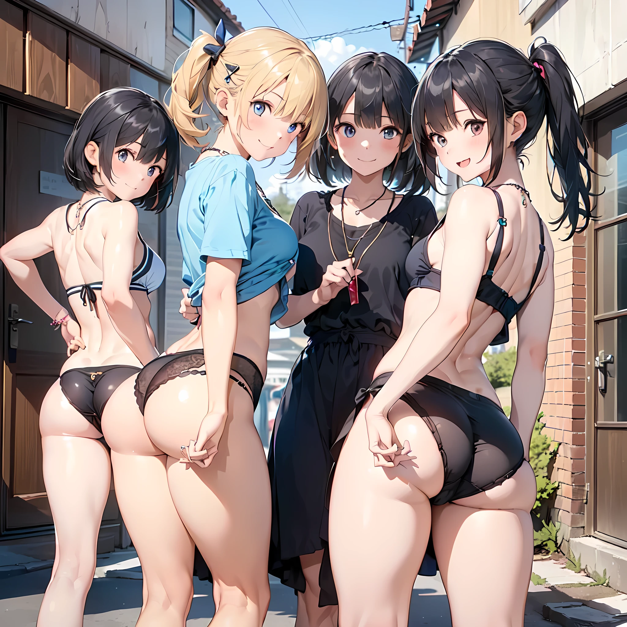 (three girls are sticking out their big butt boldly:1.5), (big butt), Laughing with your mouth open, (slender), hair band, Headband, hair bobbles, brown hair, blond hair, navel, jewelry, looking at viewer, necklace, long hair, short hair, Abdominal muscles, panties,Very thin T-back