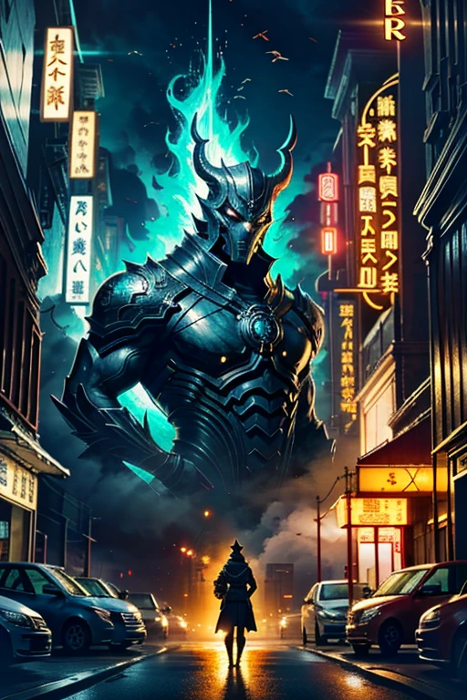 best quality,4k,8k,highres,masterpiece:1.2,ultra-detailed,realistic:1.37,HDR,UHD,studio lighting,ultra-fine painting,sharp focus,physically-based rendering,extreme detail description,professional,art nouveau,tarot card style,dynamic angle, high octane action,dynamic pose, joy expression, (A persona user, accompanied by their guardian spirit, stands in a vibrant and bustling city. The persona user, dressed in stylish and unique attire, exudes confidence and determination. The persona user stands tall, projecting an aura of strength and power.), (Beside the persona user, their guardian spirit manifests in the form of a Yokai, a supernatural creature known for its mystical abilities. With intricate details and vibrant colors, the Yokai emanates an otherworldly presence. It serves as a visual representation of the persona user's inner self, both a protector and a source of power.), (Surrounding the persona user and the Yokai, the cityscape comes alive with bustling streets, vibrant signs, and towering skyscrapers. The city is bathed in the hues of sunset, casting a warm and mysterious glow over the scene. The lights from the city create an enchanting ambiance, highlighting the contrast between the modern metropolis and the fantastical elements of the persona user and the Yokai.), (In terms of art style, the image is brought to life with bold lines, dynamic poses, and a unique blend of realism and fantasy. The art style seamlessly integrates the supernatural elements with the urban setting, creating a visually striking composition.), (The lighting in the image is carefully crafted to enhance the atmosphere and mood. Soft, diffused light illuminates the persona user's face, accentuating their features and adding a touch of mystery. The cityscape is bathed in golden hues, creating a warm and inviting ambiance that contrasts with the supernatural elements of the scene.)