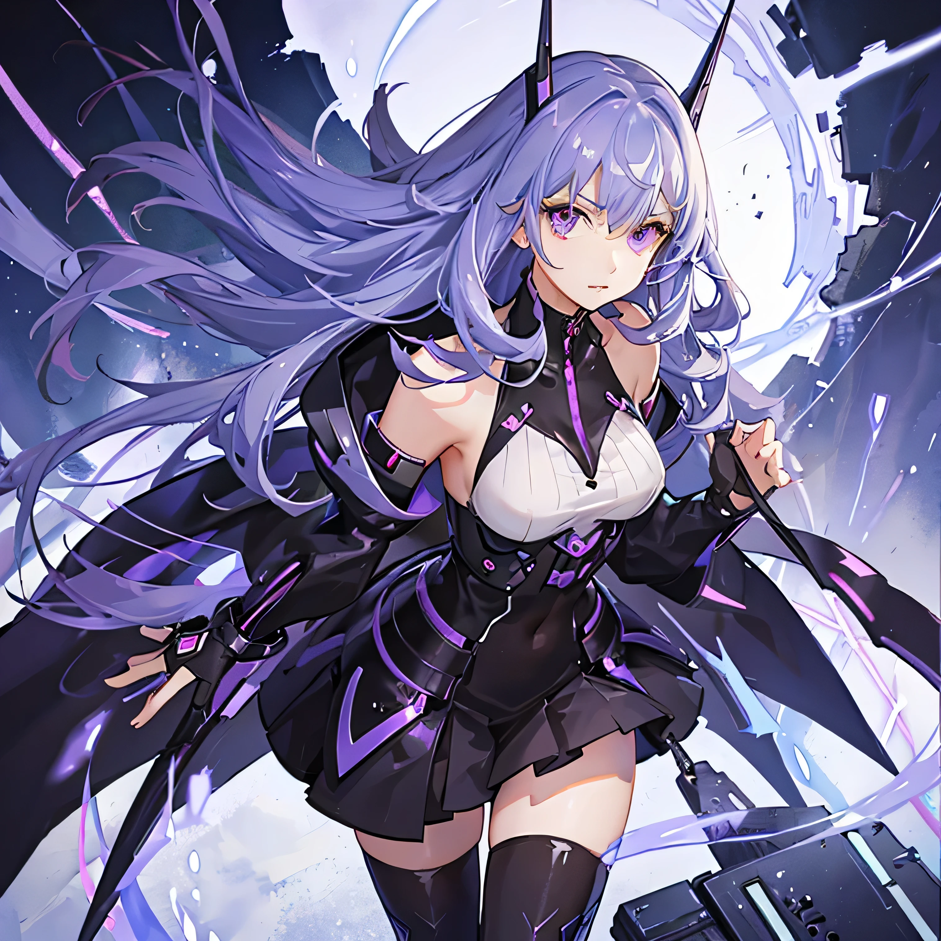 2 people, female and male, twins, purple hair, purple eyes, black cyberpunk themed outfit, upper half of the body