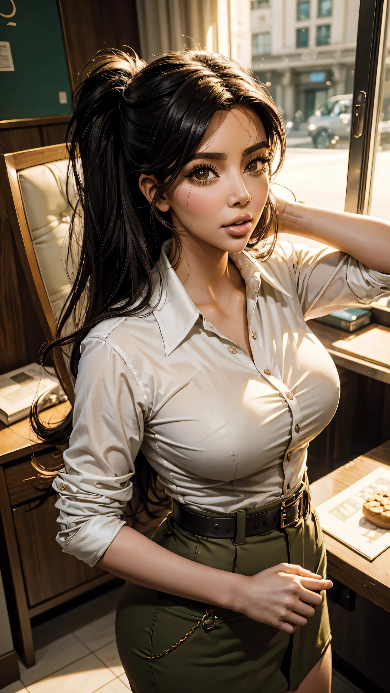 Masterpiece, top quality, 1 girl, (kim Kardashian) as a girlscout. Sexy and seduction inner pose and face. Girl scout uniform. Fun and excited pose and expression.