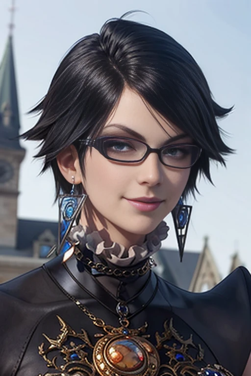 score_9, score_8_up, score_7_up, score_6_up, score_5_up, 1girl, Bayonetta, 1girl, solo, full body, looking at viewer, smile, short hair, blue eyes, jewelry, earrings, sky, black hair, glasses, lips, makeup, lipstick, eyeshadow, black-framed eyewear, alternate hair length, amulet (insanely detailed, beautiful detailed face, masterpiece, best quality) 