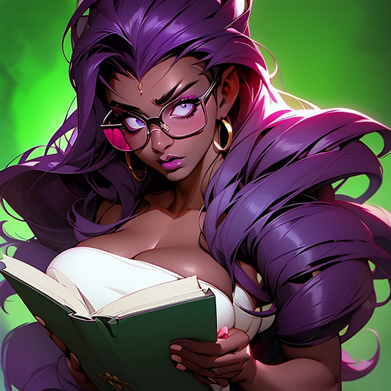 Gorata  nerd linda atletica negra afro, lendo um livro de terror brilhante, tentaculos  gosmento purple saindo do livro, paginas do livro em neon, rosto assustada, labios carnudos, olhos castanhos claros, cena de terror, beautiful finish 