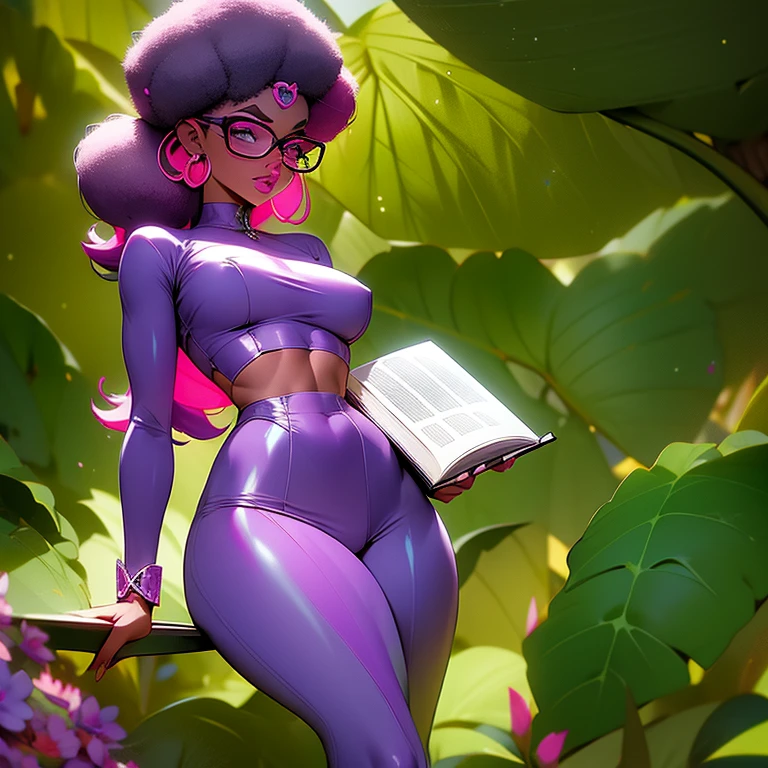 Gorata  nerd linda atletica negra afro, lendo um livro de terror brilhante, tentaculos  gosmento purple saindo do livro, paginas do livro em neon, rosto assustada, labios carnudos, olhos castanhos claros, cena de terror, beautiful finish 