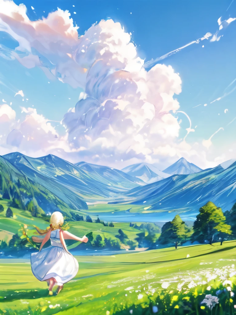 A bright and serene countryside scene with a girl young gazing beyond the mountains during springa breathtaking landscape with a vast and serene sky, filled with vibrant colors and wispy clouds. The sky should evoke a sense of tranquility and freedom, with the sun or moon casting a soft glow. Include elements such as distant mountains or rolling hills to add depth and perspective to the scene.