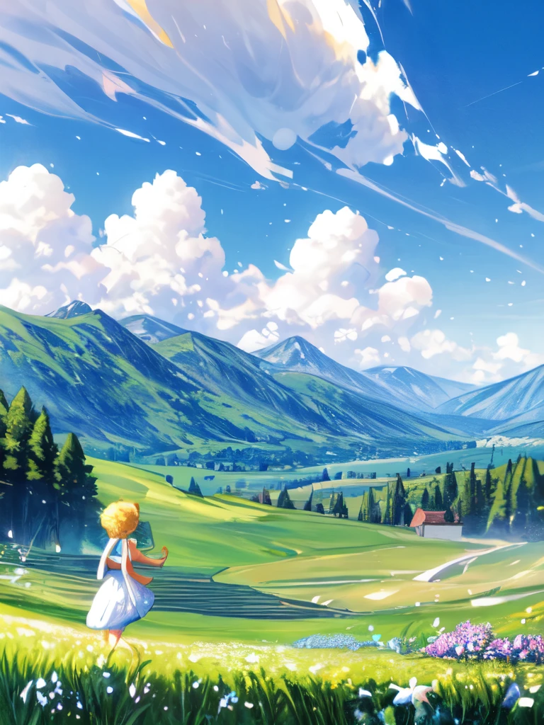 A bright and serene countryside scene with a girl young gazing beyond the mountains during springa breathtaking landscape with a vast and serene sky, filled with vibrant colors and wispy clouds. The sky should evoke a sense of tranquility and freedom, with the sun or moon casting a soft glow. Include elements such as distant mountains or rolling hills to add depth and perspective to the scene.