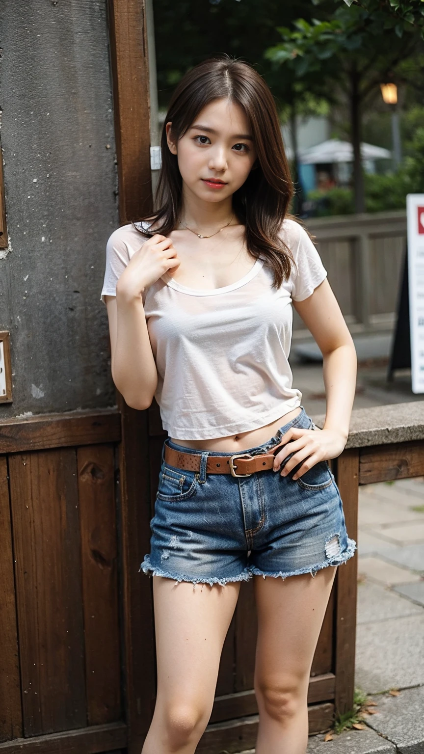 (8k、RAW Photos、highest quality、masterpiece:1.2)、(Realistic、Realistic)、1 girl、((See-through、Shorts、Big Breasts、I can see your chest、View from the front、belt、Stand with hands on hips、In the city))、
