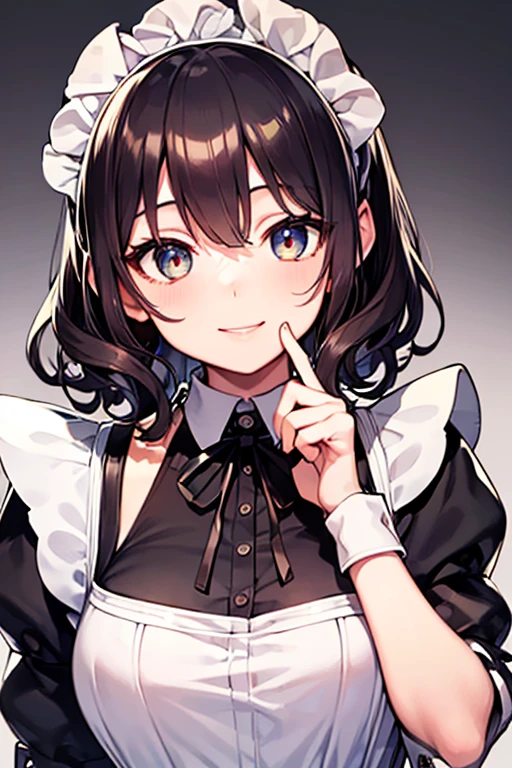 ((Beautiful maid:1.5),High resolution, highest quality),Wearing maid uniform,Soft hands, Big bright eyes, Dark and vibrant curly hair, Cute smile, Rosy Cheeks, Soft Light, Pure white background.  