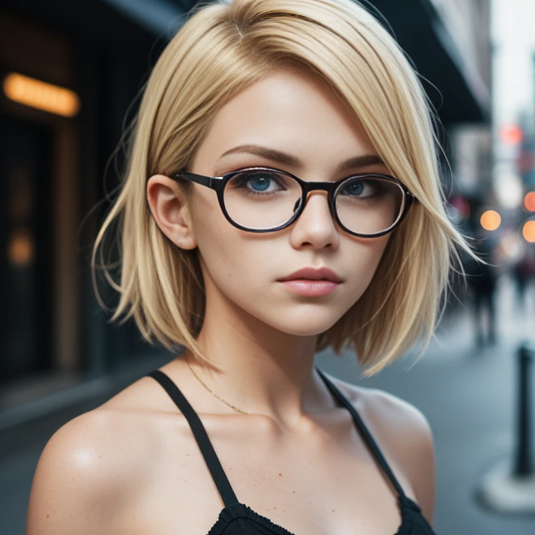 very beautiful girl,perfect,blonde,freckles on the face,Short tousled hair,Stylish glasses,skinny,street punk,realistically,professional photo,Neon