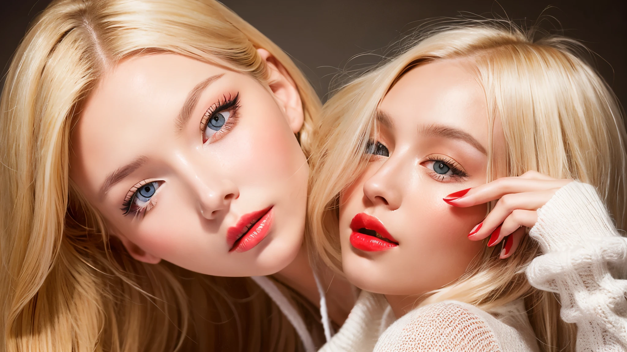 Create a light-eyed blonde model with red cheeks and big lips