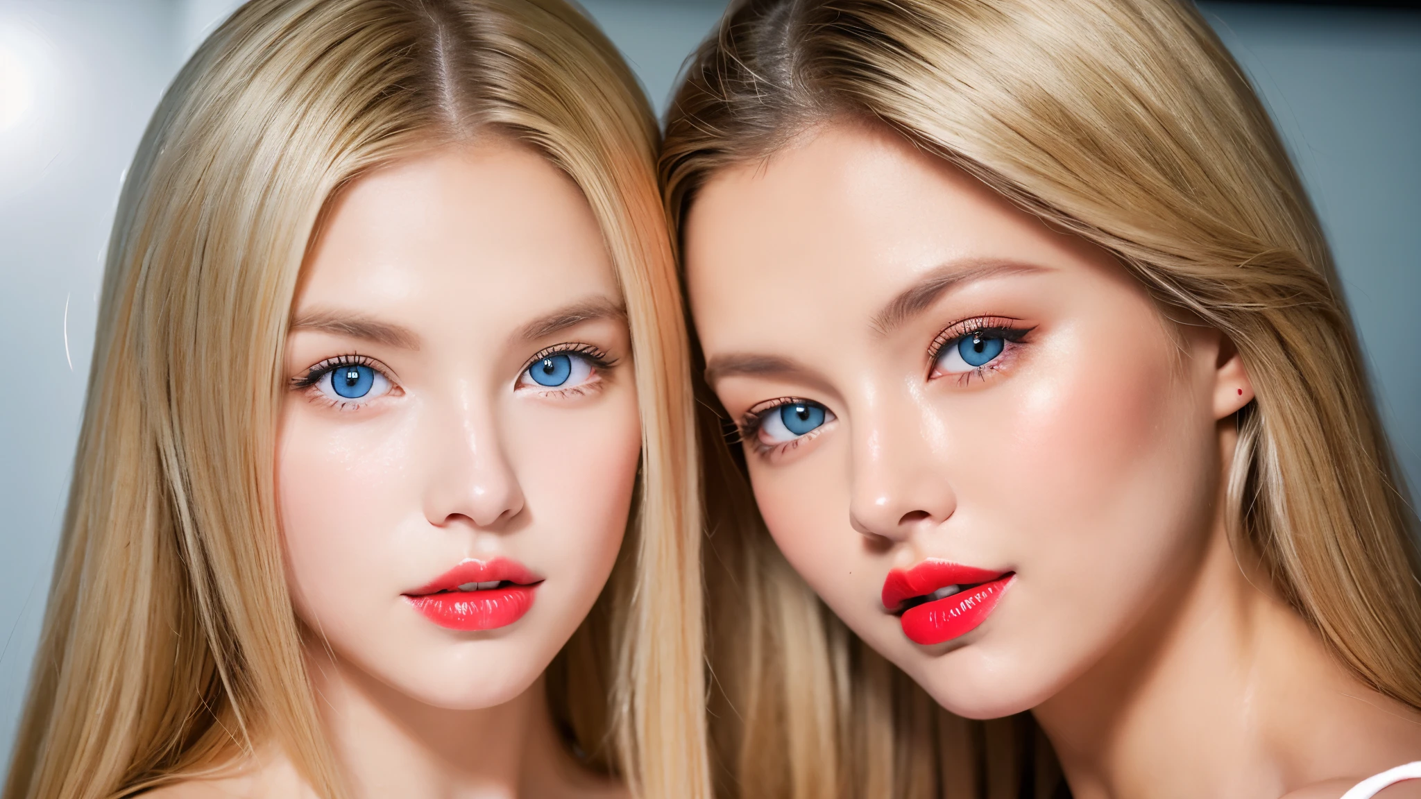 Create a light-eyed blonde model with red cheeks and big lips 