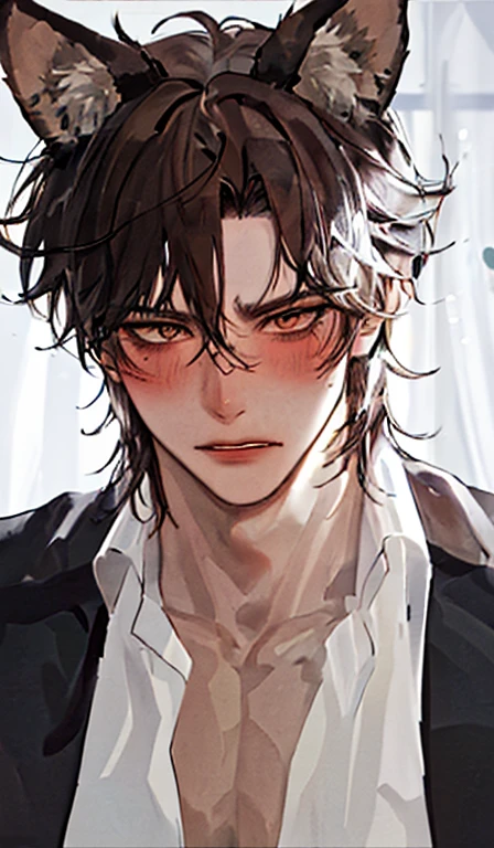 1man, portrait, angry appearance, solo, male focus,dark color hair, messy hair,tan skin tone,werewolf, wolf ears,animal ears, furr, folktale monster, beautiful handsomely, blushing.