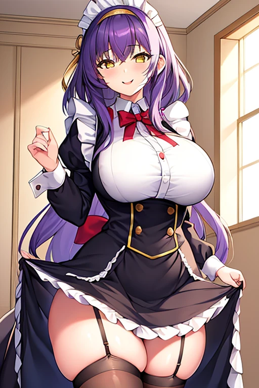 1girl, large breasts, breasts, wide hips, thick thighs, mature female, purple hair, medium hair, yellow eyes, black headband, headband, maid uniform, thighhighs, smile, maid, light smile, happy