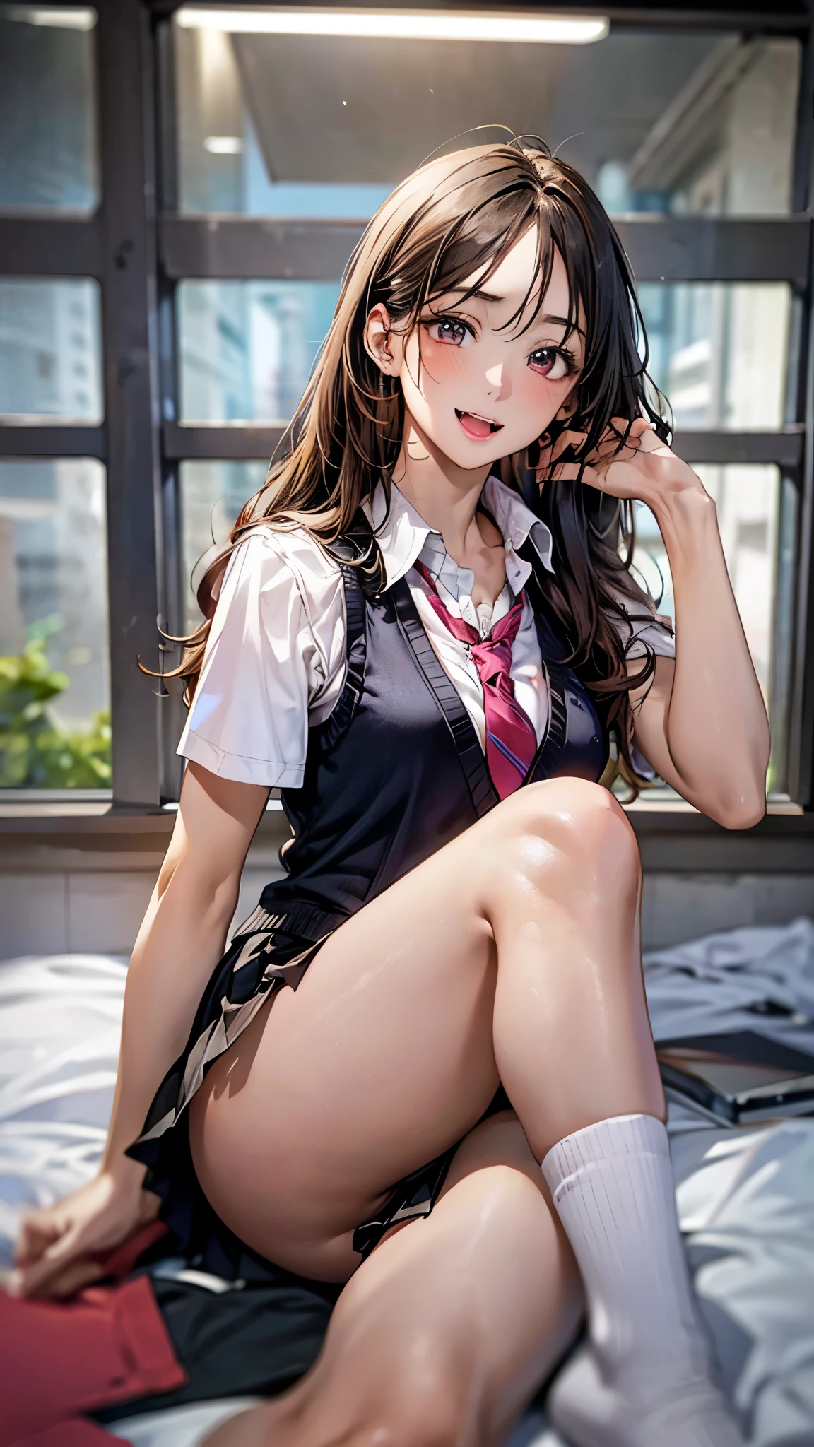 (masterpiece:1.3, top-quality, ultra high res, ultra detailed), (realistic, photorealistic:1.4), beautiful illustration, perfect lighting, natural lighting, colorful, depth of fields, 
beautiful detailed hair, beautiful detailed face, beautiful detailed eyes, beautiful clavicle, beautiful body, beautiful chest, beautiful thigh, beautiful legs, beautiful fingers, 
looking at viewer, (face focus, upper body), 1 girl, japanese, sculpture model, perfect face, (perfect anatomy, anatomically correct), cute and symmetrical face, babyface, , shiny skin, 
(long hair:1.7, straight hair:1.0, rosy brown hair), swept bangs, gold eyes, big eyes, slant eyes, long eye lasher, fang, (medium breasts:1.6, tight butt, seductive thighs), slender, 
((black blazer, (shocking pink knit vest,) collared white shirt, black pleated skirt, red tie)), black school socks, 
(beautiful scenery), morning, (classroom, chalkboard, window, ceiling light, curtains), sitting school desk, (eatting melon bread), (seductive smile, open mouth small), 