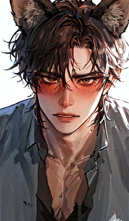 1man, portrait, angry appearance, solo, male focus,dark color hair, messy hair,tan skin tone,werewolf, wolf ears,animal ears, furr, folktale monster, beautiful handsomely, blushing.