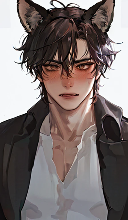 1man, portrait, angry appearance, solo, male focus,dark color hair, messy hair,tan skin tone,werewolf, wolf ears,animal ears, furr, folktale monster, beautiful handsomely, blushing.