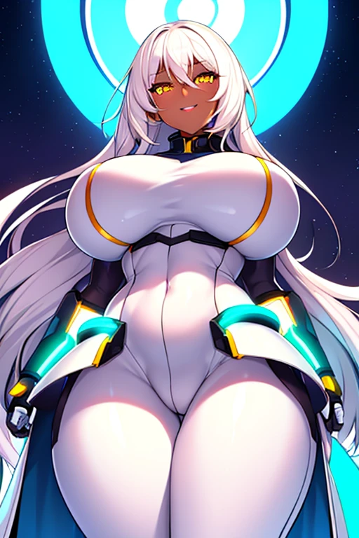 1girl, dark skin, dark-skinned female, white hair, long hair, yellow eyes, huge breasts, breasts, thick thighs, wide hips, mature female, milf, tall, tall female, toned, toned female, smile, futurustic, science-fiction, machinery, tech, white clothes, white bodysuit, bodysuit, neon trim, neon, neon lights, from below