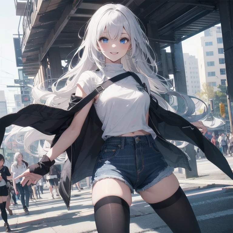 (Masterpiece, Best quality, ultra high resolution), 1 girl, Silver hair, Pale skin, Beautiful detailed face, Detailed eyes, posing on a, On a white background, Dynamic lighting, dynamic shadowing, looking at viewer, White stone punk fashion,(Posing for a photo),((White clothes)), (((black thigh highs))), ((jean shorts, skirt)), white sweater, ((Blue eyes)), happy, smiling, black straps, black strap design, ((Long white hair)), energetic, cheerful, cityscape background