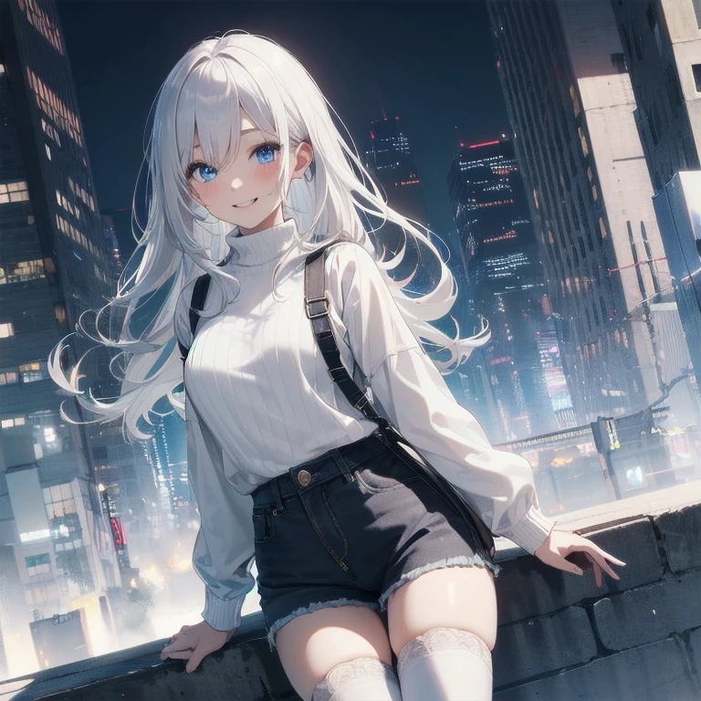 (Masterpiece, Best quality, ultra high resolution), 1 girl, Silver hair, Pale skin, Beautiful detailed face, Detailed eyes, posing on a, On a white background, Dynamic lighting, dynamic shadowing, looking at viewer, White stone punk fashion,(Posing for a photo),((White clothes)), (((black thigh highs))), ((jean shorts, skirt)), white sweater, ((Blue eyes)), happy, smiling, black straps, black strap design, ((Long white hair)), energetic, cheerful, cityscape background
