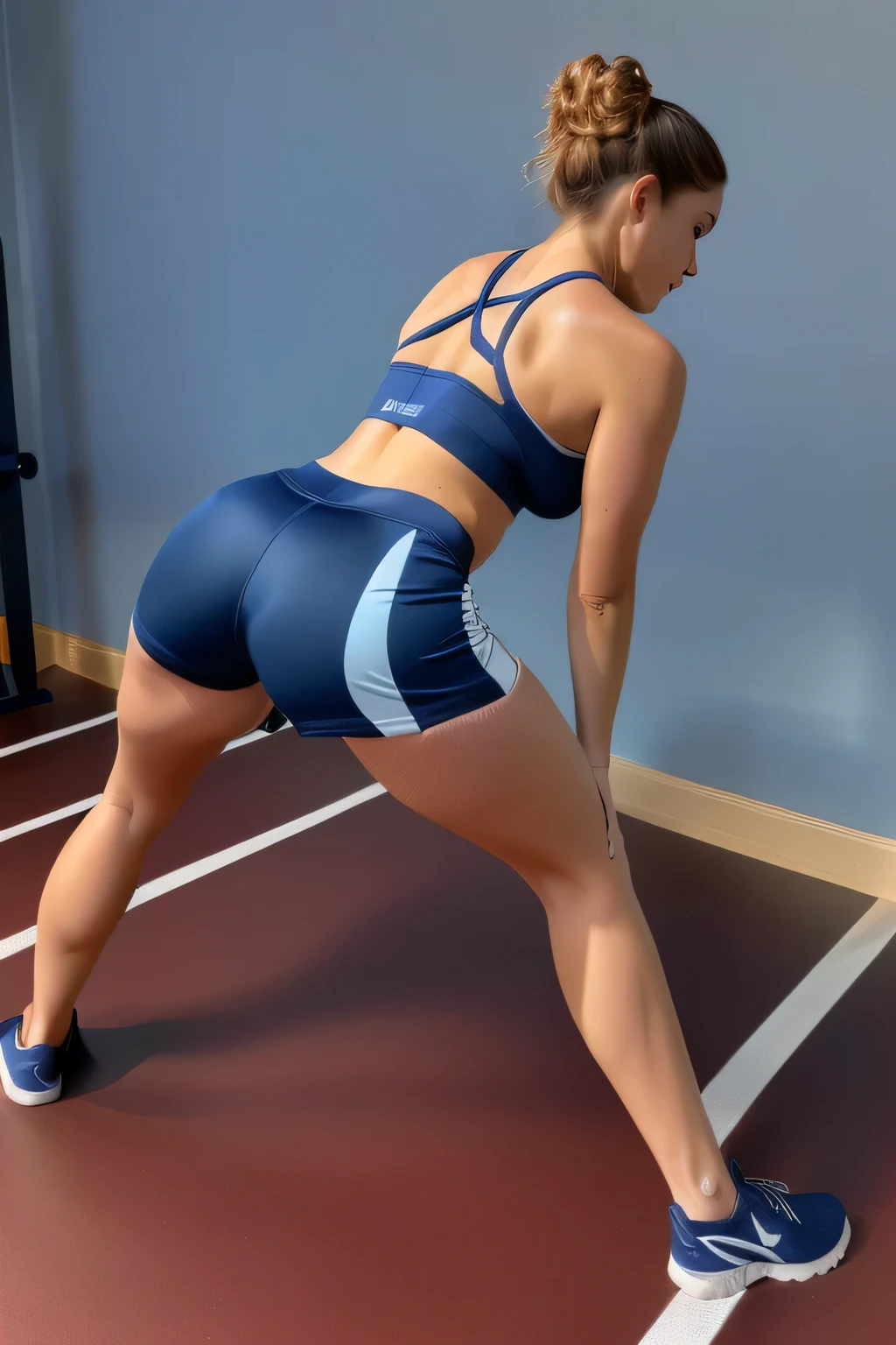 woman in a sports bra top and shorts stretching, fit pic, exposed thighs!!!, side pose, working out, leg and hip shot, sport bra and dark blue shorts, in shorts, thighs!!!, thighs!!!!!!, thighs focus, lunging at camera :4, back arched, long shot from back, legs visible, bent over posture