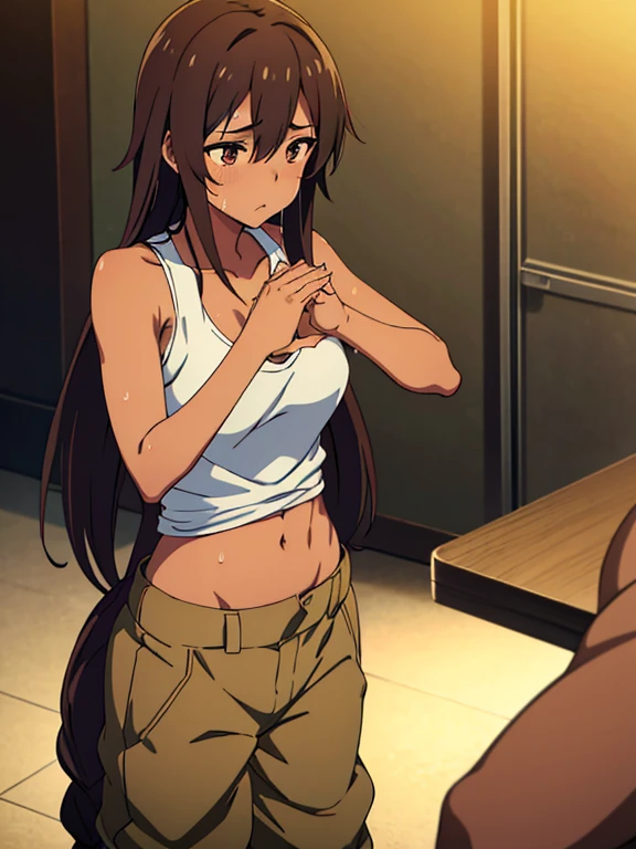 (masterpiece, high quality) brown skin anime girl in a lowcut tank top v neck, (trousers), famished in hunger, (gently resting hands on stomach), (sweating), (long hair), (hands on her stomach)