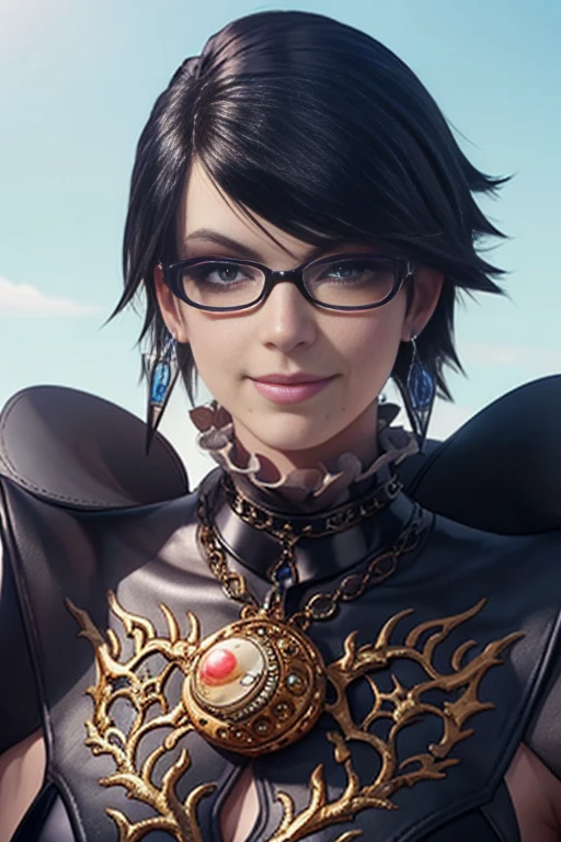 score_9, score_8_up, score_7_up, score_6_up, score_5_up, 1girl, Bayonetta, 1girl, solo, full body, looking at viewer, smile, short hair, blue eyes, jewelry, earrings, sky, black hair, glasses, lips, makeup, lipstick, eyeshadow, black-framed eyewear, alternate hair length, amulet (insanely detailed, beautiful detailed face, masterpiece, best quality) 