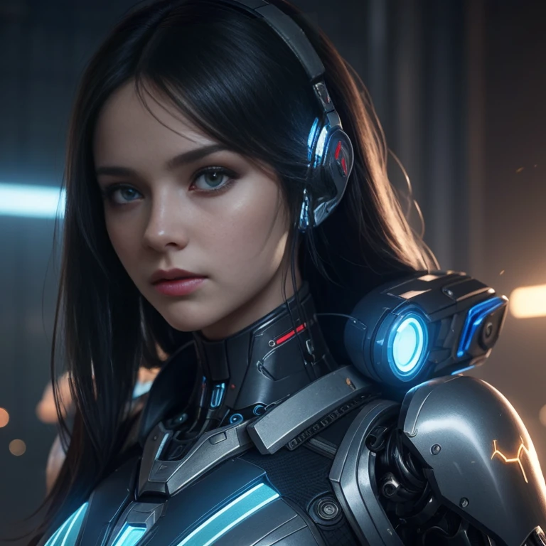 ((1girll)), Fluttering hair, Black hair,Perfect facial features, exquisite face, super detailing, Super quality, Mechanical limbs, (Blue mech), cool movement, Cyberpunk city, k hd, Lifelike, Movie quality, rendering by octane, C4D render, Masterpiece, Best quality, 8K, High details, hyper HD
